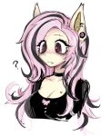  1girl ? animal_ears bat_ears bat_girl black_choker black_shirt black_streaks blush breasts choker cleavage commentary cropped_shoulders cutout_eyelashes fang flutterbat fluttershy goth_fashion highres long_hair medium_breasts multicolored_hair my_little_pony my_little_pony:_friendship_is_magic personification pink_eyes pink_hair plug_(piercing) plushvampy shirt simple_background solo streaked_hair white_background 