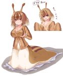  1girl age_regression aged_down antennae breasts brown_eyes brown_hair brown_sweater closed_mouth commentary_request full_body giant_slug_(monster_girl_encyclopedia) highres large_breasts looking_at_viewer monster_girl monster_girl_encyclopedia open_mouth short_hair sleeves_past_fingers sleeves_past_wrists slime_(substance) slug_girl sora_(sunday_sky) sweater taur translation_request 