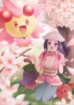  1girl :d absurdres akari_(pokemon) black_hair blush breasts cherrim cherrim_(overcast) cherrim_(sunshine) cherubi cleavage collarbone commentary donutous evolutionary_line eyelashes falling_petals happy headscarf highres jacket long_hair looking_up open_mouth pants petals pink_jacket pokemon pokemon_(creature) pokemon_legends:_z-a sidelocks smile tree 