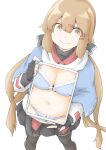  1girl akara_kai black_gloves black_skirt black_thighhighs blue_bra blue_panties blue_shawl bow bow_bra bow_panties bra breasts brown_eyes brown_hair commentary_request feet_out_of_frame fingerless_gloves gloves hair_ornament hairclip highres holding holding_tablet_pc jacket kantai_collection low_twintails panties pleated_skirt scarf shawl shirt skirt smile solo tablet_pc tashkent_(kancolle) thighhighs torn_clothes torn_scarf twintails underwear untucked_shirt white_jacket white_scarf x-ray x-ray_vision 
