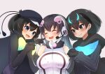  3girls absurdres african_penguin_(kemono_friends) antennae bare_shoulders black_hair black_skirt breasts cheek_poking dragon_star2 elbow_gloves gloves greater_lophorina_(kemono_friends) headset highres holding_hands jacket kemono_friends large_breasts miniskirt multicolored_hair multiple_girls penguin_girl pink_hair pleated_skirt poking skirt sleeveless sleeveless_jacket smile streaked_hair western_parotia_(kemono_friends) white_hair white_jacket 