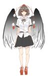  1girl belt black_belt black_hair black_ribbon black_skirt black_wings breast_pocket collared_shirt frilled_skirt frills geta hat highres kashiwada_kiiho neck_ribbon pocket pom_pom_(clothes) red_hat ribbon shameimaru_aya shirt short_hair short_sleeves skirt solo standing tokin_hat touhou white_shirt wings 