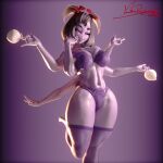 1:1 3d_(artwork) absurd_res anthro arachnid arthropod athletic bedroom_eyes blender_(artwork) blender_cycles_(artwork) blender_eevee_(artwork) bodily_fluids bra breasts clothing coin digital_media_(artwork) female hi_res legwear lingerie looking_at_viewer muffet narrowed_eyes panties purple_body purple_eyes samzan seducing_viewer seductive smile smiling_at_viewer solo spider standing stockings sweat sweatdrop sweaty_breasts sweaty_legs sweaty_thighs teapot undertale undertale_(series) underwear vermilionrenderworks