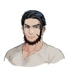  1boy beard blue_eyes chest_hair earrings facial_hair foxvulpine golden_kamuy jewelry kiroranke looking_at_viewer male_focus shirt smile thick_eyebrows upper_body white_background white_shirt younger 
