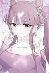  1girl absurdres animal_ears arnolddayo bare_shoulders blunt_bangs blush breasts brown_hair closed_mouth collarbone commentary_request ear_covers hair_between_eyes highres horse_ears horse_girl jewelry large_breasts long_hair looking_at_viewer lucky_lilac_(casual)_(umamusume) lucky_lilac_(umamusume) necklace off-shoulder_sweater off_shoulder pink_sweater purple_eyes purple_sweater side_ponytail smile solo sweatdrop sweater umamusume upper_body w 