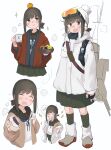  1girl anchor_symbol black_hair black_sailor_collar black_skirt black_socks blush brown_cardigan cardigan closed_eyes closed_mouth commentary_request cup food food_on_head fruit fruit_on_head fubuki_(kancolle) fubuki_kai_ni_(kancolle) green_eyes happi highres holding holding_cup holding_food jacket japanese_clothes kantai_collection kneehighs ma_rukan mandarin_orange multiple_views object_on_head open_cardigan open_clothes open_mouth pleated_skirt ponytail rigging sailor_collar school_uniform serafuku ship_turret short_hair short_ponytail signature simple_background skirt smile smokestack socks sparkle wagashi white_background white_jacket 