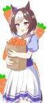  1girl absurdres animal_ears bag blush bow braid brown_hair carrot commentary_request drooling ear_bow elegant_(sumisumi4268) half_up_braid highres holding horse_ears horse_girl horse_tail mouth_drool multicolored_hair open_mouth paper_bag pleated_skirt puffy_short_sleeves puffy_sleeves purple_bow purple_eyes purple_shirt sailor_collar sailor_shirt school_uniform shirt shopping_bag short_hair short_sleeves skirt smile special_week_(umamusume) tail tracen_school_uniform two-tone_hair umamusume white_hair white_sailor_collar white_skirt 