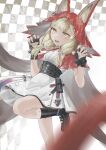  1girl animal_ear_fluff animal_ears arknights arknights:_endfield black_boots black_gloves blonde_hair boots cape claw_pose commentary dress ears_through_headwear fangs fingerless_gloves gloves hands_up highres hood hood_up hooded_cape long_hair low-tied_sidelocks open_mouth red_cape rossi_(arknights) sidelocks solo standing standing_on_one_leg tail vivit0r6 white_dress wolf_ears wolf_girl wolf_tail yellow_eyes 