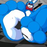 3_toes absurd_res ambiguous_gender animatronic countershade_feet countershading dragotrashcan extreme_size_difference feet five_nights_at_freddy's five_nights_at_freddy's_2 foot_fetish foot_focus hi_res human looking_down machine male mammal robot scottgames sitting size_difference stuck_to_foot toes toy_bonnie_(fnaf)