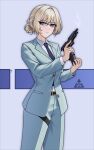  1girl absurdres alter_kamerade alva_(girls'_frontline_2) an-94_(antje)_(girls'_frontline) an-94_(girls'_frontline) aqua_eyes aqua_jacket aqua_pants artist_name belt black_belt blonde_hair blue_background blue_necktie blush breasts commentary_request defy_(girls'_frontline) feet_out_of_frame girls'_frontline girls'_frontline_2:_exilium glasses gun hair_bun handgun highres holding holding_gun holding_weapon holster jacket long_sleeves looking_at_viewer medium_hair necktie official_alternate_costume open_mouth pants shirt simple_background small_breasts solo standing thigh_holster thigh_strap weapon weapon_request white_shirt 