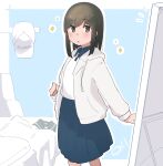  1girl blue_background blue_sky blush border brown_hair cardigan character_name collared_shirt commentary_request cowboy_shot drawstring fubuki_(kancolle) fubuki_(maizuru)_(kancolle) green_eyes hair_down hat highres hood hood_down hooded_sweater kantai_collection long_sleeves looking_at_mirror ma_rukan medium_hair mirror official_alternate_hairstyle open_cardigan open_clothes outline outside_border parted_lips pleated_skirt shirt sidelocks signature skirt sky solo sparkle standing sweater unworn_hat unworn_headwear unworn_shirt white_border white_outline white_shirt white_sweater 