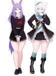  2girls absurdres ahoge animal_ears azur_lane black_shirt black_shoes black_skirt bow cat_ears cat_girl coat cosplay costume_switch ear_bow ear_ribbon frilled_coat frilled_jacket frills green_socks hair_ornament highres horse_ears horse_girl horse_tail jacket maya_(azur_lane) mejiro_mcqueen_(umamusume) midriff multiple_girls purple_eyes purple_hair saiskh scarf shirt shoes skirt socks tail thick_thighs thighs umamusume white_background white_hair yellow_eyes 