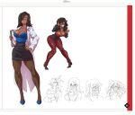  1girl anime_coloring artbook blouse breasts brown_hair character_profile clipboard commentary curly_hair dark-skinned_female dark_skin english_commentary fingernails full_body glasses hand_on_own_hip high_heels highres holding holding_clipboard kate_(nisego) knees_together_feet_apart lab_coat lineart long_hair looking_at_viewer multiple_expressions multiple_girls nail_polish narrow_waist nisego one_eye_covered original page_number pants pantyhose reference_sheet shirt skirt standing straight_hair upper_body 