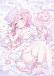  1girl :3 animal_ear_fluff animal_ears babydoll barefoot blush breasts cake cat_ears cat_girl cat_tail cherry cleavage closed_mouth collarbone commentary_request cupcake double-parted_bangs food foot_out_of_frame fork frilled_thigh_strap frilled_wrist_cuffs frills fruit hair_bun highres long_hair looking_at_viewer lying medium_breasts omochi_monaka on_back on_bed original panties pink_hair plate purple_eyes side-tie_panties sidelocks sleep_mask smile solo tail thigh_strap underwear white_babydoll wrist_cuffs 