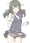  1girl akara_kai ass_visible_through_thighs black_hair black_panties black_skirt black_vest blue_ribbon blush commentary_request dress_shirt gloves grey_eyes hair_ornament hairclip highres kantai_collection long_hair neck_ribbon open_mouth oyashio_(kancolle) panties pleated_skirt ribbon school_uniform shirt short_sleeves simple_background skirt solo sweatdrop underwear vest white_background white_gloves white_shirt 