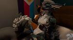 16:9 3d_(artwork) 4k absurd_res animal_genitalia anthro bed bite bite_mark black_body black_fur blender_(artwork) blender_eevee_(artwork) blood blue_blood blue_body blue_penis blue_scales bodily_fluids brown_body brown_fur canid canine canis colored_blood digital_media_(artwork) dominant dominant_male dragon erection eyewear fox fur furniture furniture_lamp genitals glasses grey_body grey_fur group hi_res inside kinktober kinktober_2025 knot knotted_penis lamp leg_grab licking male male/male mammal mythological_creature mythological_scalie mythology neck_bite on_bed oral orange_body orange_fur pawpads penile penis penis_lick pillow pink_pawpads pink_tongue polyamory_pride_colors pride_color_flag purple_eyewear purple_glasses scales scalie scratches sex sheath somesnowleopard submissive submissive_male tongue trio unusual_blood unusual_bodily_fluids wearing_glasses white_body white_fur widescreen wolf