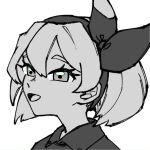  1girl bangs bea_(pokemon) biifu bow_hairband buttons collared_shirt commentary_request eyelashes greyscale gym_leader hair_between_eyes hairband monochrome open_mouth pokemon pokemon_(game) pokemon_swsh shirt short_hair simple_background sketch smile solo tongue upper_body white_background 