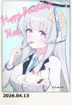  1girl absurdres blue_archive blue_necktie breasts cake cake_slice closed_mouth collared_shirt commentary_request eating food fork halo haruka2485 headphones highres holding holding_fork holding_plate jacket large_breasts long_hair long_sleeves looking_at_viewer mechanical_halo necktie noa_(blue_archive) off_shoulder open_clothes open_jacket plate portrait purple_eyes school_uniform shirt sidelocks smile solo suit twitter_username two-sided_fabric two-sided_jacket upper_body very_long_hair white_hair white_halo white_jacket white_shirt white_suit 