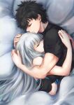  1boy 1girl absurdres black_dress black_hair blush breasts closed_eyes cuddling dress fate/grand_order fate_(series) fujimaru_ritsuka_(male) grey_hair highres large_breasts long_hair long_sleeves looking_at_viewer morgan_le_fay_(fate) muscular on_bed ringozuki shared_bed shared_blanket shirt short_hair sleeping sleeping_together smile two-tone_dress under_covers very_long_hair 