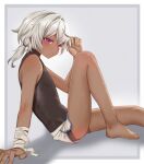  1boy absurdres arlan_(honkai:_star_rail) arm_support bandaged_wrist bandages barefoot black_bodysuit blush bodysuit commentary concon01 dark-skinned_male dark_skin dolphin_shorts expressionless feet grey_background half-closed_eyes hand_up highres honkai:_star_rail honkai_(series) knee_to_chest male_focus medium_hair ponytail purple_eyes scar scar_on_arm shorts simple_background sleeveless sleeveless_bodysuit thighs toes white_hair white_shorts 