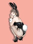  1girl absurdres animal_ear_hairband animal_ears ass bare_back black_leotard black_pantyhose black_shoes brown_hair commentary_request detached_collar drop_shadow fake_animal_ears fishnet_pantyhose fishnets from_behind full_body hairband high_heels highres leotard looking_at_viewer looking_back original pantyhose pink_background playboy_bunny rabbit_ear_hairband rabbit_ears rabbit_tail sakamoto_giulietta shoes shoulder_blades side-tie_leotard solo tail white_wrist_cuffs wrist_cuffs 