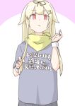  1girl akara_kai alternate_costume bandana bandana_around_neck black_ribbon blonde_hair clothes_writing dress grey_shirt grey_skirt hair_flaps hair_ornament hair_ribbon hairclip highres kantai_collection long_hair pleated_dress red_eyes ribbon shirt shitty_t-shirt_naval_base skirt solo t-shirt translation_request upper_body yellow_bandana yuudachi_(kancolle) yuudachi_kai_ni_(kancolle) 