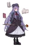  1girl alternate_color alternate_costume black_capelet black_gloves black_hat blush book boots bow bowtie brown_boots brown_dress capelet commentary_request crescent crescent_hat_ornament dress floating floating_book floating_object full_body gloves hat hat_ornament highres holding holding_staff kararage_tsune long_hair looking_at_viewer mob_cap patchouli_knowledge purple_eyes purple_hair red_bow red_bowtie simple_background solo staff touhou very_long_hair white_background 