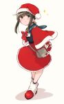  1girl absurdres alternate_costume ankle_socks black_shirt black_socks blue_neckerchief blush_stickers boots bow box brown_hair capelet christmas fubuki_(kancolle) full_body fur-trimmed_boots fur-trimmed_headwear fur_trim gift gift_box green_eyes green_sailor_collar hair_between_eyes hat highres holding holding_gift kantai_collection looking_at_viewer low_ponytail ma_rukan medium_hair mittens neckerchief pleated_skirt ponytail red_boots red_bow red_capelet red_hat red_mittens red_ribbon red_skirt ribbon sailor_collar santa_costume santa_hat shirt sidelocks simple_background skirt smile socks solo sparkle standing white_background 