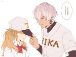  1boy 1girl baseball_cap baseball_uniform blonde_hair chon_(choncha_9) crying dark-skinned_male dark_skin earrings from_side hair_behind_ear hat highres ibrahim_(nijisanji) jewelry long_hair nijisanji parted_lips purple_eyes silver_hair smile speech_bubble sportswear takamiya_rion translation_request virtual_youtuber white_background white_headwear 