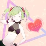  1girl bangs blush clenched_teeth closed_eyes clothing_cutout delutaya diagonal_bangs eyebrows_visible_through_hair green_hair hand_on_hip happy_synthesizer_(vocaloid) highres indie_virtual_youtuber navel solo taiyu teeth triangle_hair_ornament twintails underboob_cutout utaite_(singer) virtual_youtuber 