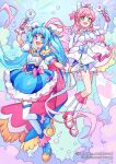  2girls :d ahoge akuo ankle_boots arm_bow arm_up artist_name ascot asymmetrical_bangs bare_shoulders blue_background blue_boots blue_bow blue_cape blue_dress blue_eyes blush boots bow braid breasts brooch cape cloud cloud_background colored_petticoat colored_shoe_soles commentary cure_prism cure_sky curled_fingers cut_bangs detached_sleeves diagonal_bangs dress dress_bow earclip earrings elbow_gloves english_commentary frills fringe-trimmed_cape fringe_trim full_body gloves gradient_hair hair_bow hair_ornament hair_ribbon half_up_braid halter_dress halterneck heart heart_ahoge high_heel_boots high_heels hirogaru_sky!_precure holding instagram_username jewelry leg_up lips long_hair looking_at_viewer magical_girl medium_dress multicolored_hair multiple_girls nijigaoka_mashiro open_mouth outstretched_arm petticoat pink_bow pink_hair pink_ribbon precure puffy_detached_sleeves puffy_sleeves red_cape ribbon round_teeth side_braids single_earring single_hair_streak single_sidelock sky_mirage sleeveless sleeveless_dress small_breasts smile sora_harewataru sphere_earrings streaked_hair swept_bangs teeth thighhighs twintails twitter_username two-sided_cape two-sided_fabric two-tone_hair upper_teeth_only very_long_hair watermark white_ascot white_boots white_bow white_dress white_gloves white_thighhighs wing_brooch wing_hair_ornament zettai_ryouiki 