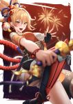  1girl bandaged_leg bandages bare_shoulders black_gloves blonde_hair breasts expulse fingerless_gloves fireworks genshin_impact gloves hair_ornament japanese_clothes kimono orange_eyes orange_kimono sarashi smile solo yoimiya_(genshin_impact) 