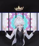  1boy absurdres bangs black_background black_bow black_neckwear black_pants black_shirt black_vest bow bowtie brown_eyes collared_shirt crown crown_removed danganronpa_(series) danganronpa_10th_anniversary_costume danganronpa_2:_goodbye_despair grey_hair hair_between_eyes hands_up highres jacket komaeda_nagito long_sleeves looking_at_viewer male_focus medium_hair messy_hair multicolored multicolored_background pants ponytail shirt smile solo two-tone_bow upper_body vest white_bow white_hair white_jacket white_neckwear xiwang_xintu 