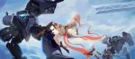  2girls absurdres back black_gloves black_legwear blue_sky brown_footwear brown_legwear china_dress chinese_clothes cloud cloudy_sky dress elbow_gloves fighting fu_hua fu_hua_(phoenix) full_body gloves highres holding holding_polearm holding_spear holding_weapon honkai_(series) honkai_impact_3rd kiana_kaslana kiana_kaslana_(void_drifter) kicking long_hair multiple_girls polearm ponytail red_gloves robot single_thighhigh sky spear thighhighs weapon white_dress white_hair zhelizhiyouhongcha 