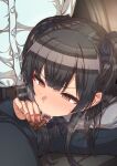  1boy 1girl bangs belt black_hair blush brown_eyes censored close-up cum erere fellatio hetero idolmaster idolmaster_shiny_colors long_hair mask mayuzumi_fuyuko mosaic_censoring nail_polish oral penis precum saliva sitting sweat two_side_up 