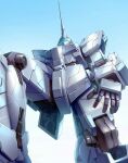  gundam gundam_unicorn horns looking_up mecha mobile_suit no_humans one_knee open_hand science_fiction single_horn solo taedu unicorn_gundam visor 