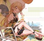  1girl :p bikini cocktail commentary_request commission girls&#039;_frontline highres light_brown_eyes light_brown_hair long_hair platform_footwear pool ppk_(girls&#039;_frontline) rabb_horn skeb_commission solo sweat swimsuit tongue tongue_out very_long_hair 