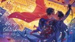  2boys batman batman_(series) batman_symbol black_cape black_hair blue_bodysuit bodysuit bouquet bruce_wayne bug burn_(515123013) cape christmas christmas_tree clark_kent closed_eyes dc_comics flower fly grey_bodysuit highres holding holding_bouquet hug imminent_kiss multiple_boys red_cape red_flower red_rose rose short_hair snow snowing superhero_costume superman superman_(series) superman_logo white_flower white_rose winter yaoi 