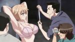  1girl 3boys armpits arms_behind_head arms_up belly bikini blonde_hair bob_cut bra breasts choppy_bangs green_eyes hair_flaps highres large_breasts midriff multiple_boys panties pink_bikini pink_bra pink_panties presenting_armpit restrained seikon_no_qwaser short_hair stomach swimsuit teresa_beria underwear 