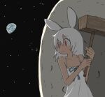  1girl animal_ears blue_bow bow closed_mouth dress earth_(planet) eyebrows_visible_through_hair hands_up holding holding_mallet mallet medium_hair moon moon_rabbit original planet rabbit_ears red_eyes solo space star_(sky) umi_ha_kirai white_dress white_hair 