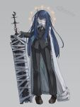  1girl arrow_hair_ornament bandaged_hand bandaged_weapon bandages bandages_over_eyes black_jacket black_necktie black_pants black_suit blue_hair brown_shoes buttons cloak clock_halo commentary commission covered_eyes covered_mouth english_commentary facing_ahead flat_chest full_body gears greatsword grey_background halo halo_behind_head highres holding holding_sword holding_weapon hood hooded_cloak index_(identity)_(project_moon) jacket kajaneko loafers long_hair long_sidelocks long_sleeves necktie original pant_suit pants project_moon scales shirt shoes sidelocks signature skeb_commission socks solo standing suit suit_jacket suit_pants sword tie_clip very_long_hair weapon weighing_scale white_cloak white_shirt white_socks yellow_halo 