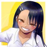  1girl bangs black_hair blush brown_eyes chakimaru11 collarbone commentary dark-skinned_female dark_skin dress_shirt ear_clip grin hairband ijiranaide_nagatoro-san long_hair nagatoro_hayase narrowed_eyes naughty_face outside_border profile shirt smile solo tan v-shaped_eyebrows white_shirt yellow_background 