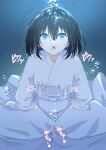  1girl after_masturbation air_bubble antenna_hair asphyxiation autoerotic_asphyxiation blue_eyes blue_hair blush bob_cut breasts bubble chestnut_mouth closed_mouth double-parted_bangs drowning empty_eyes fainted hair_between_eyes highres japanese_clothes kimono looking_up medium_breasts minagi_yuhiro motion_lines open_mouth original pool short_hair twitching underwater white_kimono yukata 
