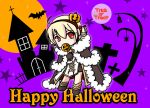  1girl bangs bat blonde_hair boots brown_cape brown_dress brown_footwear brown_gloves bug building candy cape chibi commentary_request dollypop double_bun dress english_text food full_body full_moon fur-trimmed_cape fur-trimmed_gloves fur_trim gloves hair_ornament hairband halloween happy_halloween high_wizard_(ragnarok_online) holding holding_food jack-o&#039;-lantern jack-o&#039;-lantern_hair_ornament katheryne_keyron lollipop moon purple_background ragnarok_online red_eyes red_hairband short_dress short_hair solo spider star_(symbol) trick_or_treat two-tone_dress white_dress 
