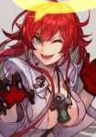  1girl ankh black_gloves bodysuit breasts claw_pose cleavage_cutout clothing_cutout collarbone gloves green_eyes guilty_gear guilty_gear_strive halo hungry_clicker jack-o&#039;_valentine medium_breasts one_eye_closed open_mouth red_hair round_teeth solo teeth white_bodysuit 