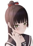  1girl absurdres black_bow black_choker black_hair black_sailor_collar blunt_bangs blunt_ends blush bow choker closed_mouth collarbone commentary eyelashes eyes_visible_through_hair green_eyes hair_bow hand_up heaven_burns_red highres hime_cut long_hair looking_at_viewer natsume_inori natsume_inori_(lapis_lazuli_adolescence) ponytail portrait sailor_collar sailor_shirt school_uniform serafuku shirt sidelighting sidelocks simple_background smile solo tsurime user_sdxs3478 v white_background white_shirt 