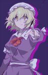  1girl blonde_hair chromatic_aberration commentary dress drop_shadow gap_(touhou) hat looking_at_viewer maribel_hearn mob_cap pointing purple_dress re_ghotion red_neckwear short_hair solo touhou yellow_eyes 