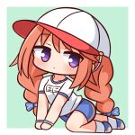  1girl bangs baseball_cap blue_bow blue_footwear blue_shorts blush bow braid breasts brown_hair chibi closed_mouth commentary_request eyebrows_visible_through_hair full_body green_background gym_shirt gym_shorts gym_uniform hair_bow hana_kazari hat highres long_hair looking_at_viewer name_tag princess_connect! purple_eyes shirt shoes short_shorts shorts small_breasts socks solo twin_braids twintails two-tone_background very_long_hair white_background white_headwear white_legwear white_shirt yuni_(princess_connect!) 