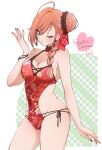 1girl ;o ahoge arisugawa_natsuha bare_arms bare_shoulders black_ribbon blush braid breasts brown_eyes casual_one-piece_swimsuit cleavage cowboy_shot dotted_background earrings english_text flip_(diiolive) floral_print hair_bun hand_up heart highres idolmaster idolmaster_shiny_colors jewelry long_hair looking_at_viewer medium_breasts nail_polish one-piece_swimsuit one_eye_closed parted_lips print_swimsuit red_nails red_swimsuit ribbon side-tie_swimsuit single_braid solo swimsuit tassel tassel_earrings wristband 