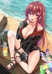  1girl arrow_through_heart beach bikini breasts can cleavage commentary_request earrings fang heterochromia hololive houshou_marine jacket jewelry keyboard_(computer) large_breasts microphone necklace nekoyaso open_mouth red_bikini red_hair sandals skin_fang soda_can solo swimsuit virtual_youtuber 